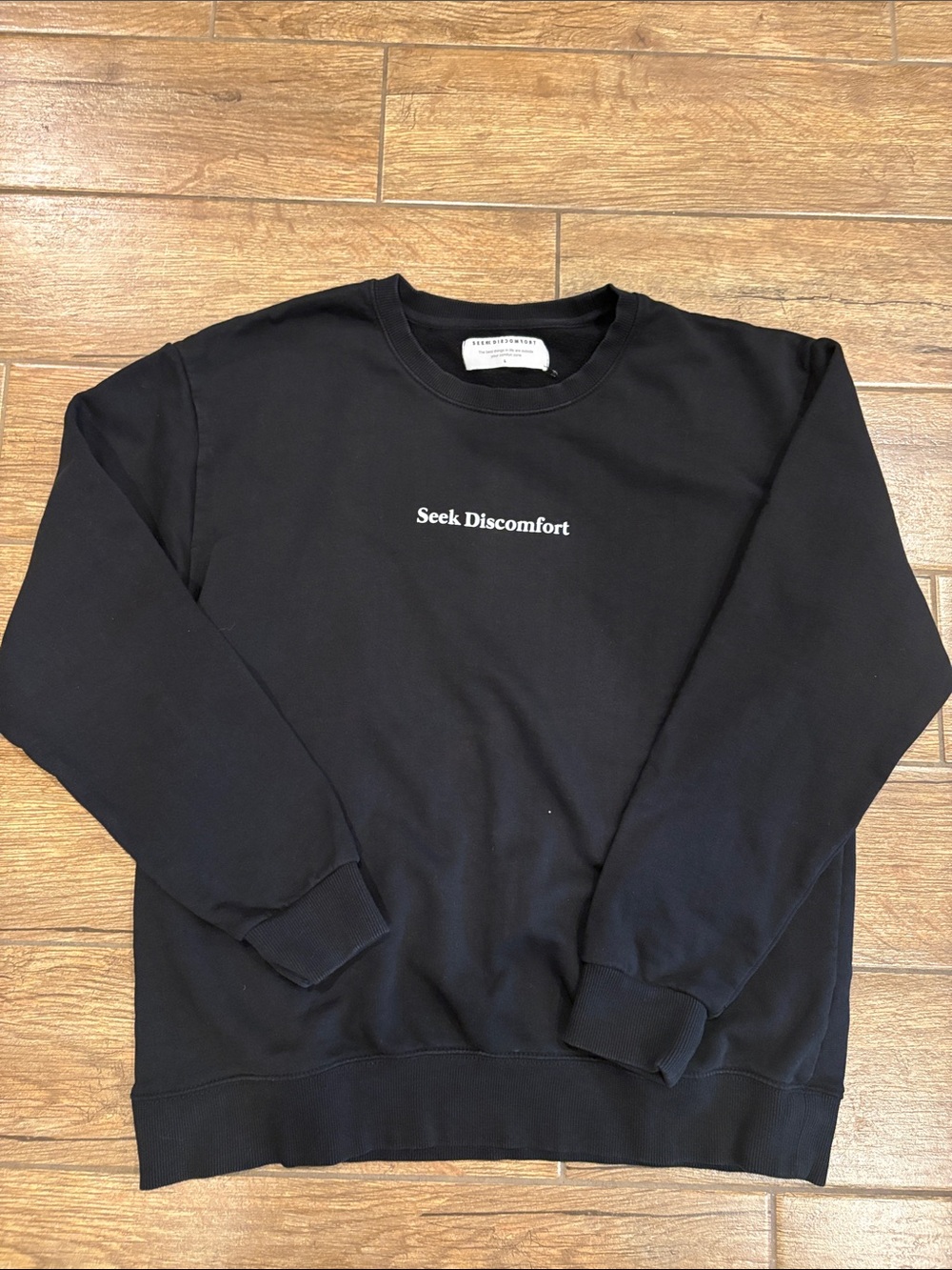 Men’s Black Crewneck Sweatshirt with 'Seek Discomfort' Embroidery